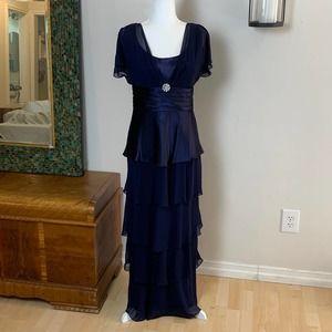 Patra Tiered Chiffon Satin Formal Maxi Gown Navy Blue Size 10  Bridgerton